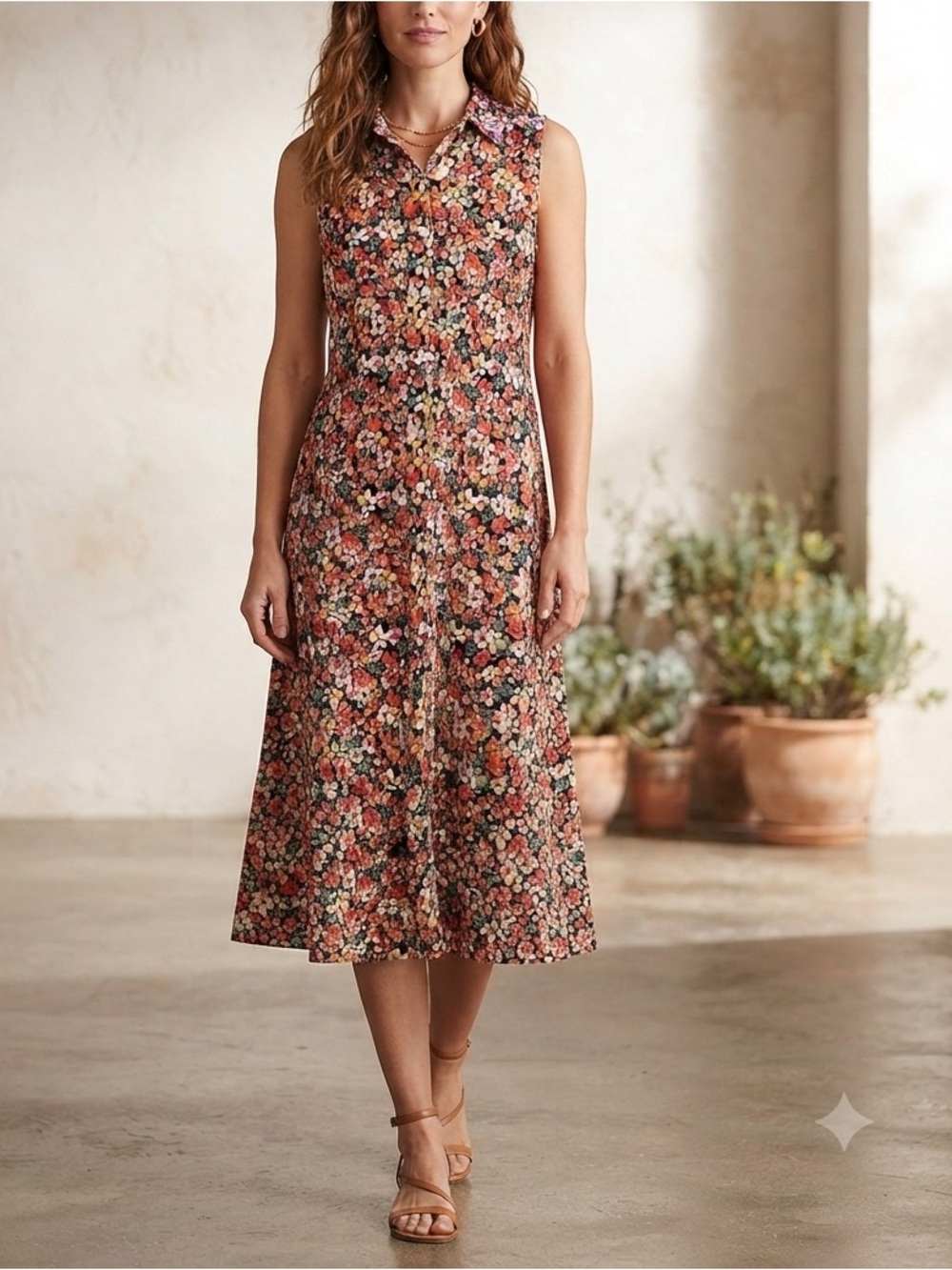MSK Floral Sleeveless Shirt Dress Button Down Shift Tunic Coral Navy🧡